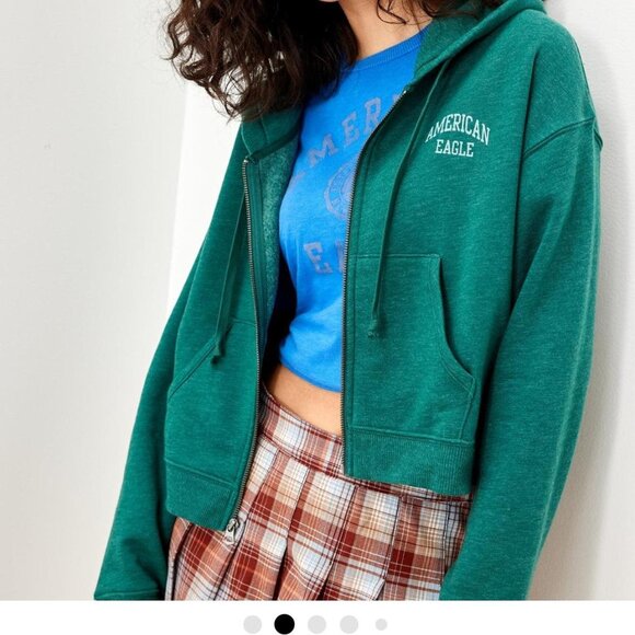 American Eagle Outfitters Tops - American Eagle Outfitters Women's Green Fleece Full Zip Casual Hoodie Size L